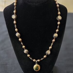 VTG Sterling Silver Operculum Shiva Eye Shell Double Side Pendant Pearl Necklace